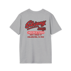 Gray t-shirt with red and white text on a white background