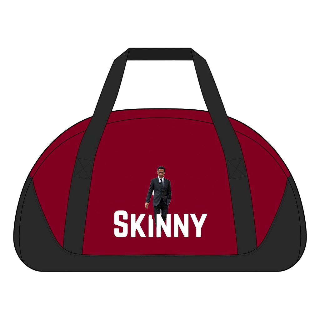 Red duffel bag with black straps and 'SKINNY' text on a white background
