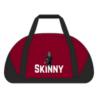 Red duffel bag with black straps and 'SKINNY' text on a white background