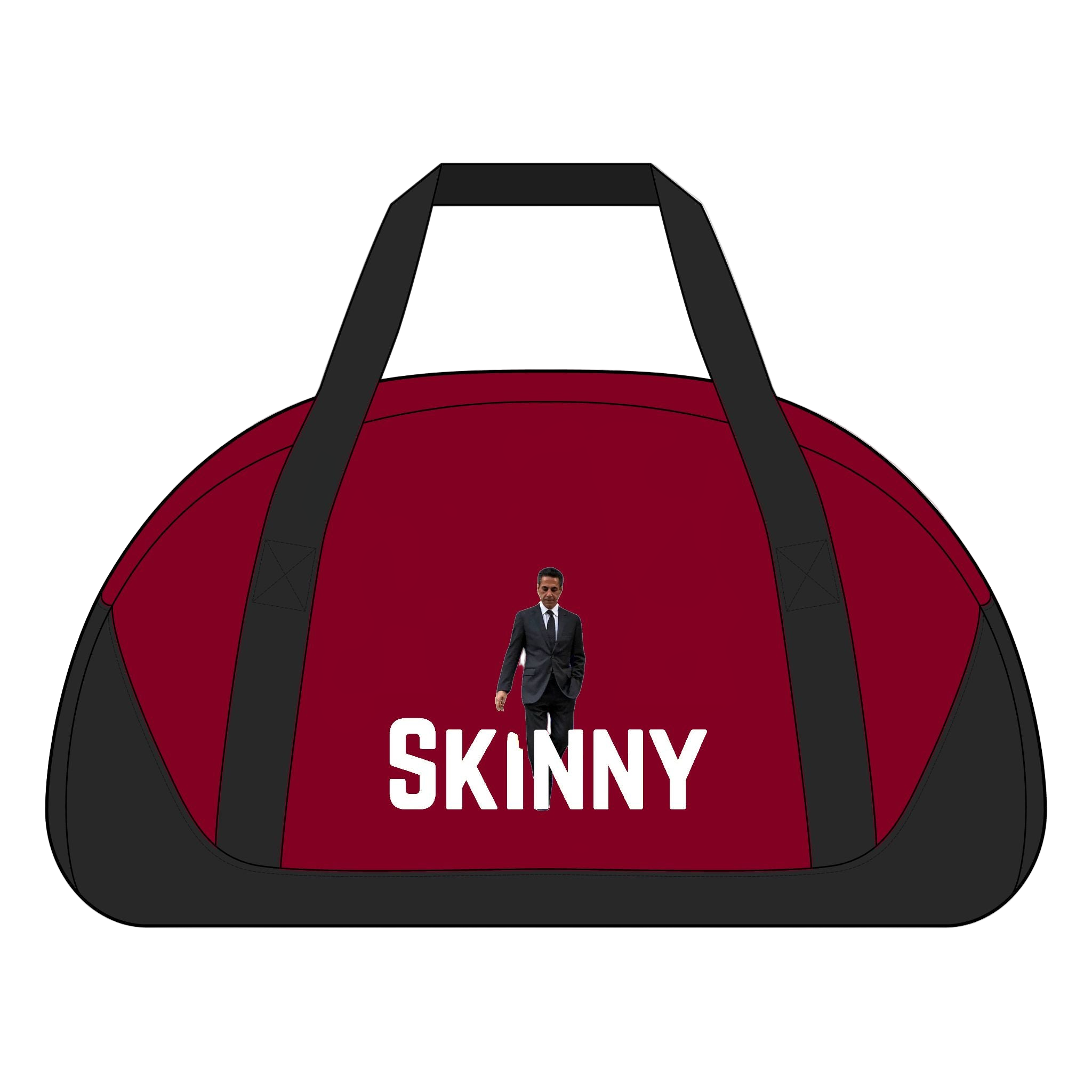 Red duffel bag with black straps and 'SKINNY' text on a white background