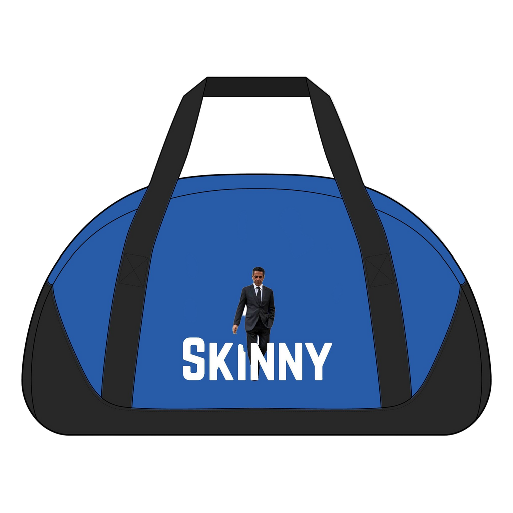 Blue duffel bag with 'SKINNY' text and a person in a suit on a white background