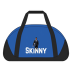 Blue duffel bag with 'SKINNY' text and a person in a suit on a white background