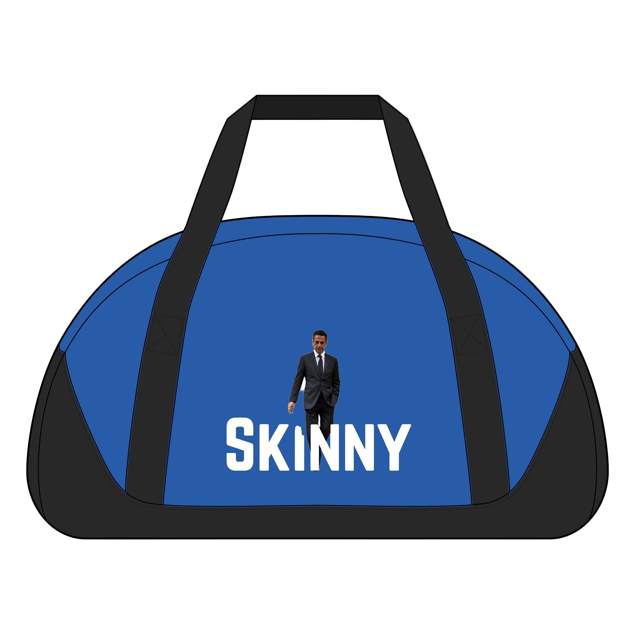 Blue duffel bag with 'SKINNY' text and a person in a suit on a white background