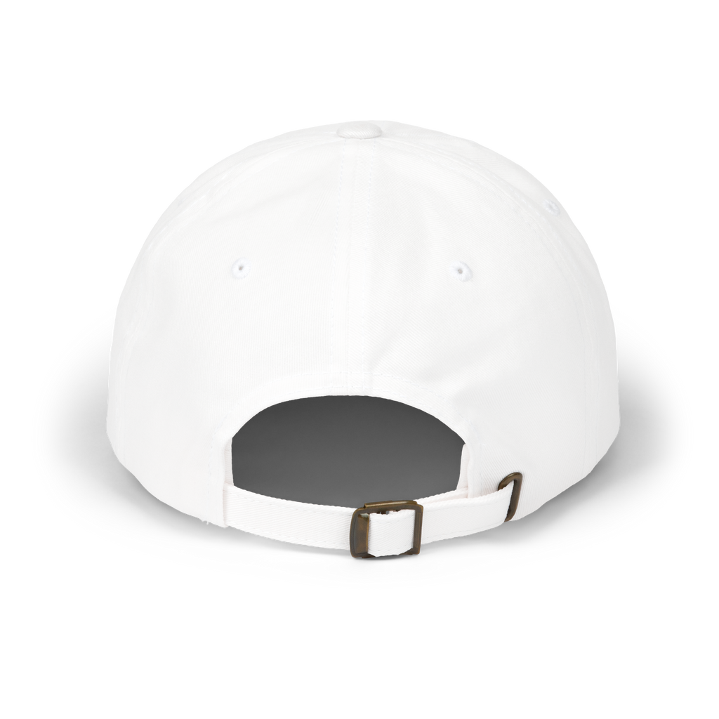 White baseball cap with a brown buckle on a white background