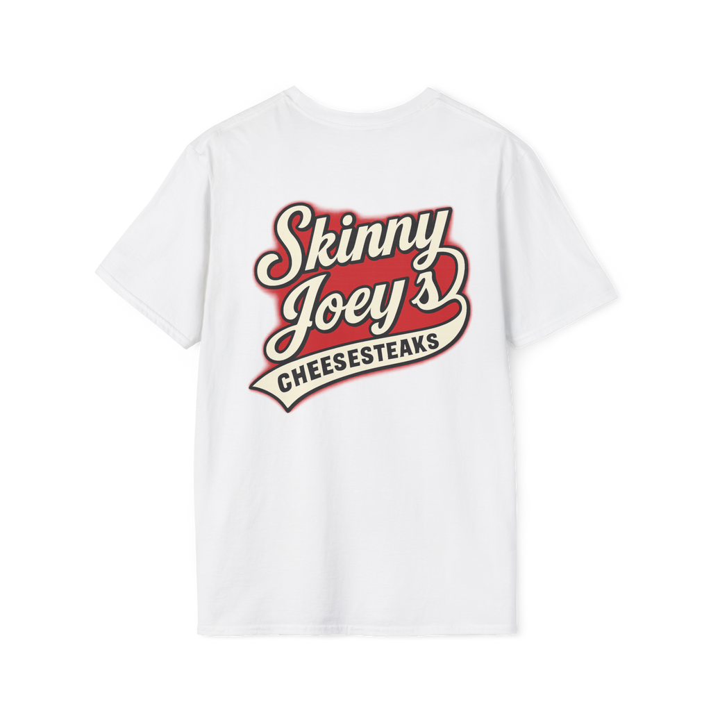 White t-shirt with 'Skinny Joey's Cheesesteaks' logo on a white background