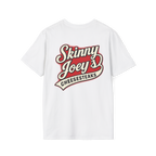 White t-shirt with 'Skinny Joey's Cheesesteaks' logo on a white background