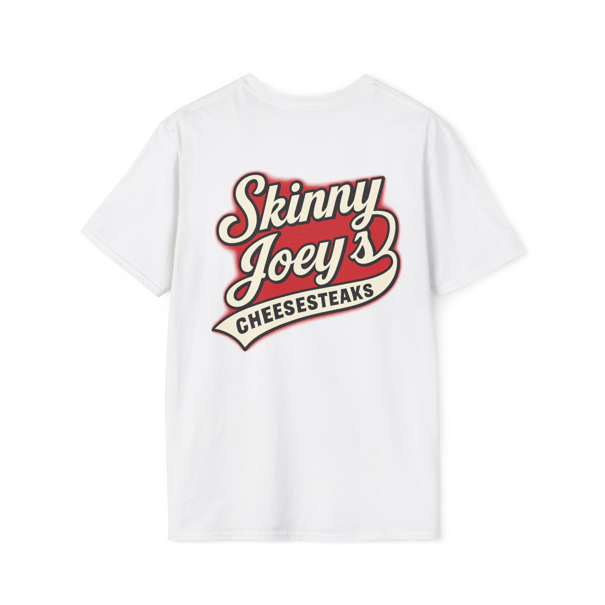 White t-shirt with 'Skinny Joey's Cheesesteaks' logo on a white background