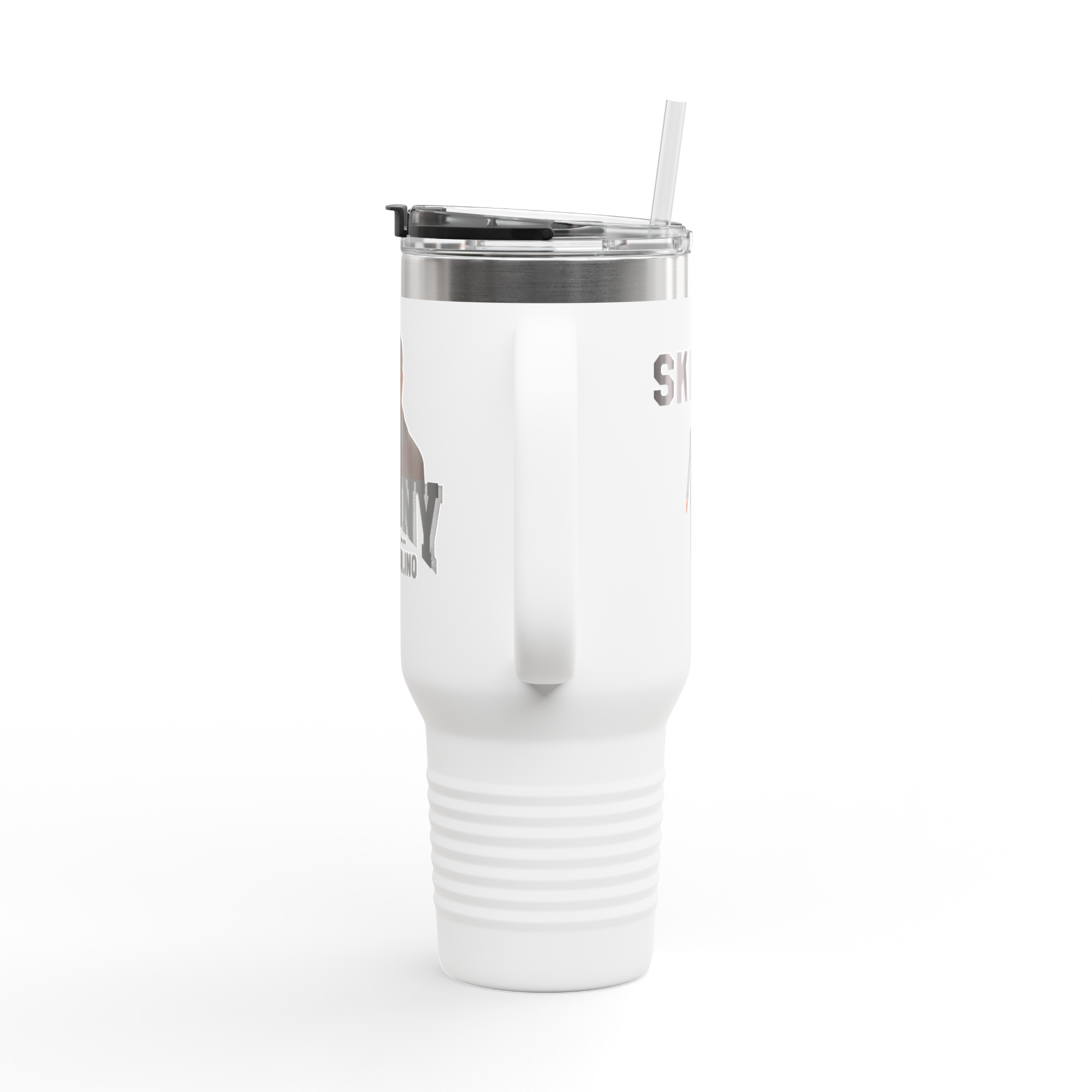 White tumbler with a straw on a white background