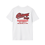 White t-shirt with red and black text on a white background