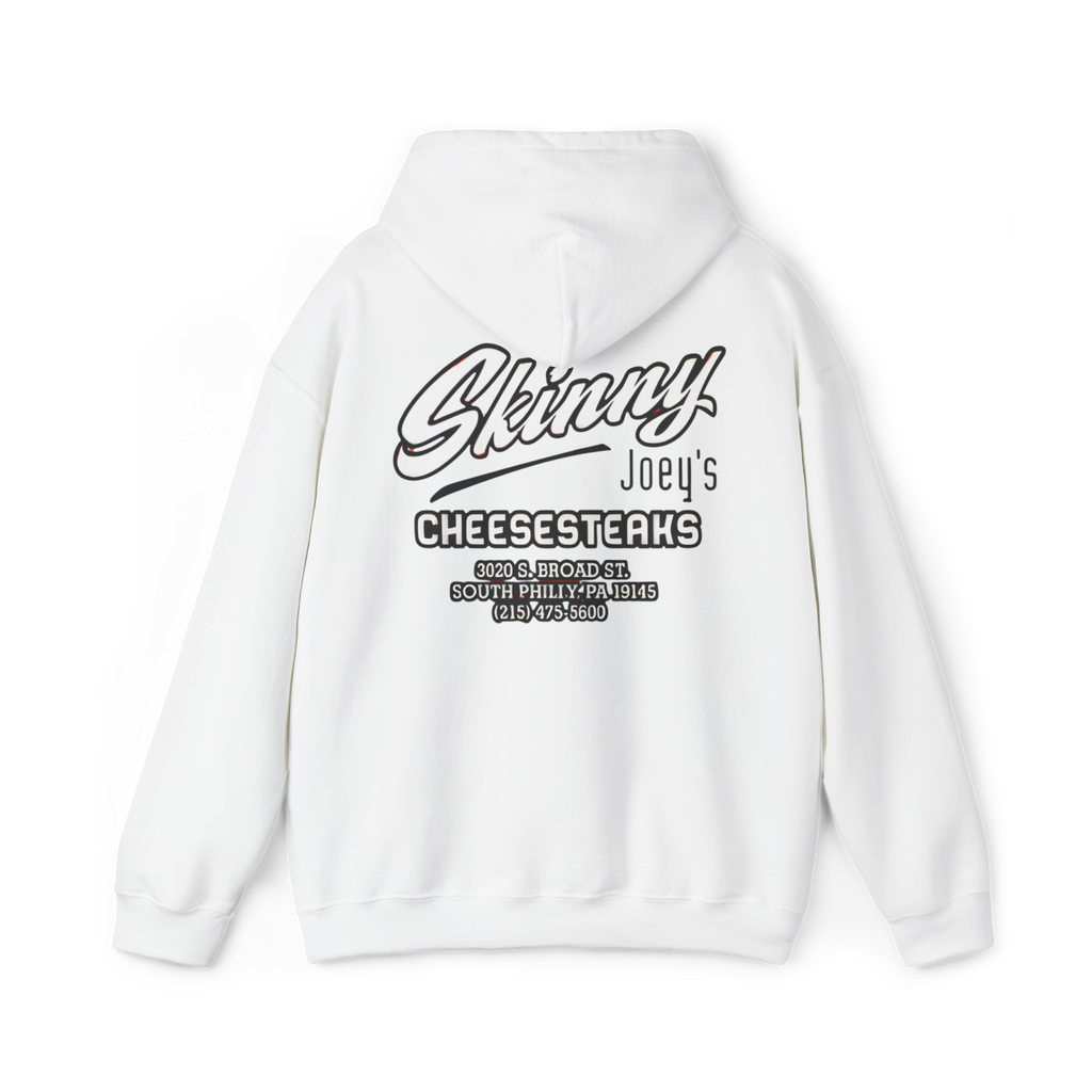 White hoodie with 'Skinny Joey's Cheesesteaks' text on a white background
