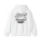White hoodie with 'Skinny Joey's Cheesesteaks' text on a white background