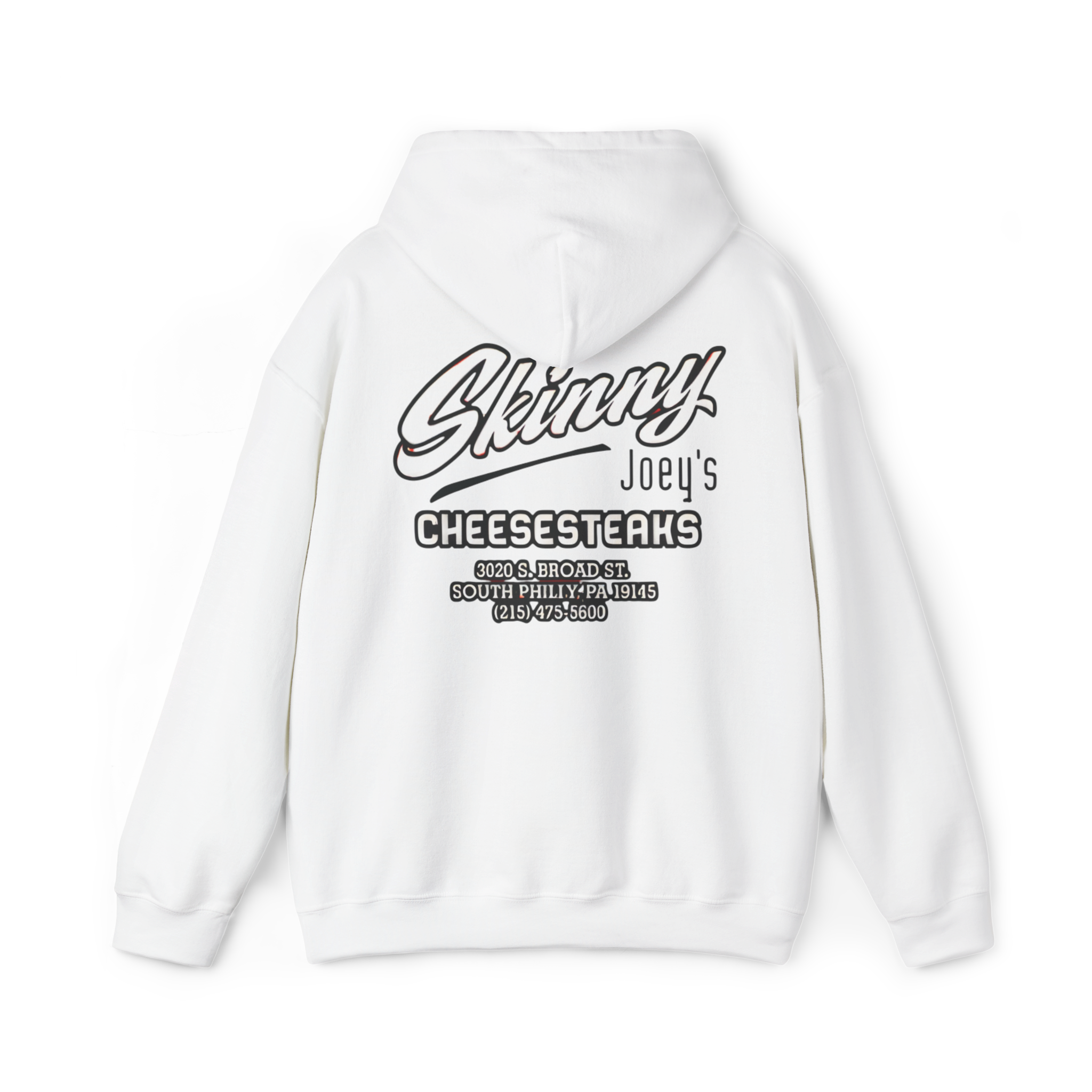 White hoodie with 'Skinny Joey's Cheesesteaks' text on a white background