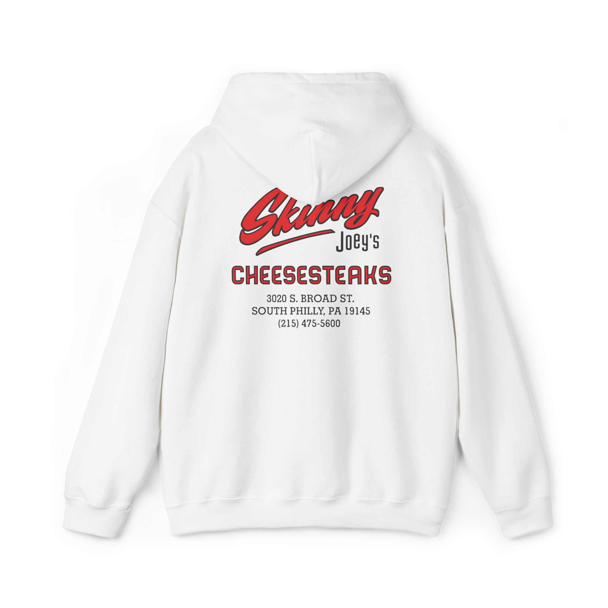 White hoodie with red and black text on the back on a white background