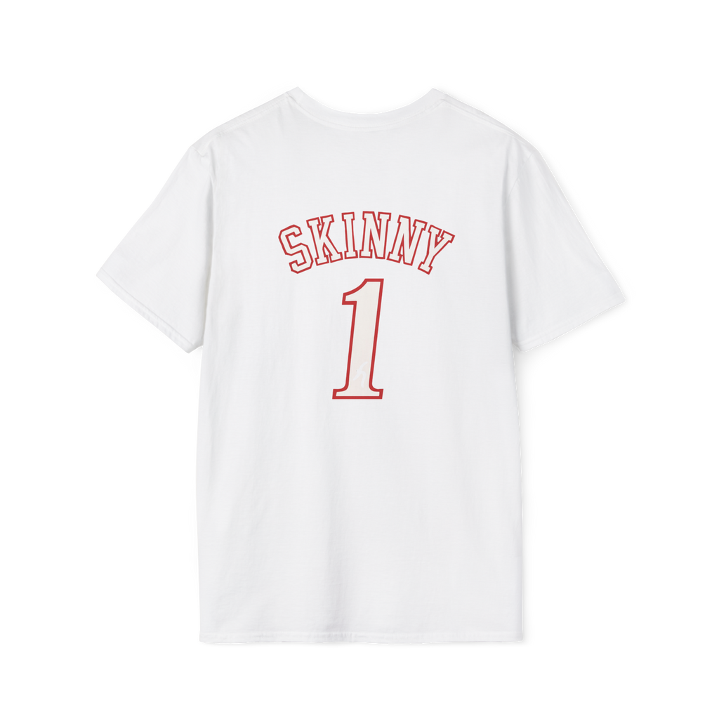 White t-shirt with 'SKINNY 1' printed on the back against a white background