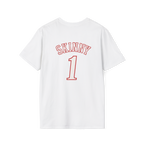 White t-shirt with 'SKINNY 1' printed on the back against a white background
