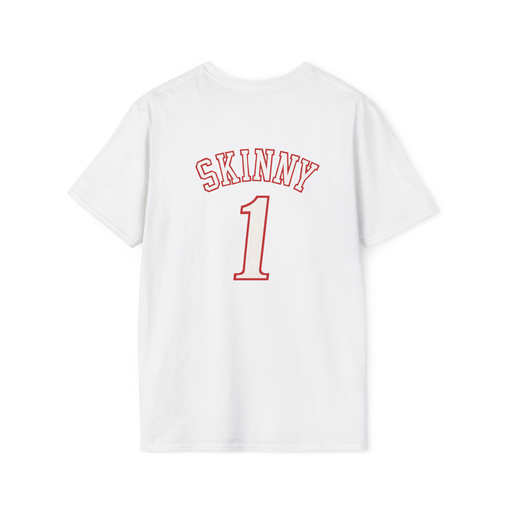 White t-shirt with 'SKINNY 1' printed on the back against a white background