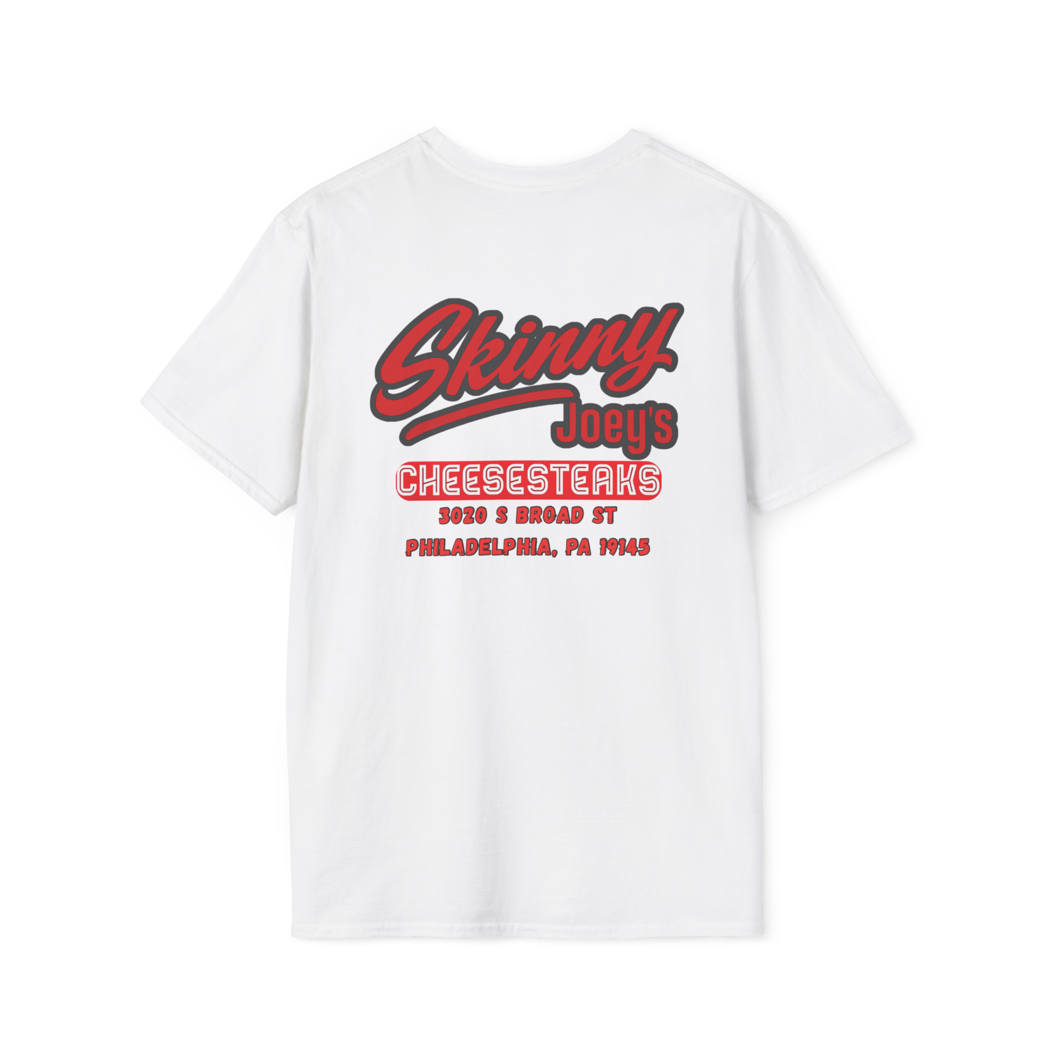 White t-shirt with red and black text on a white background