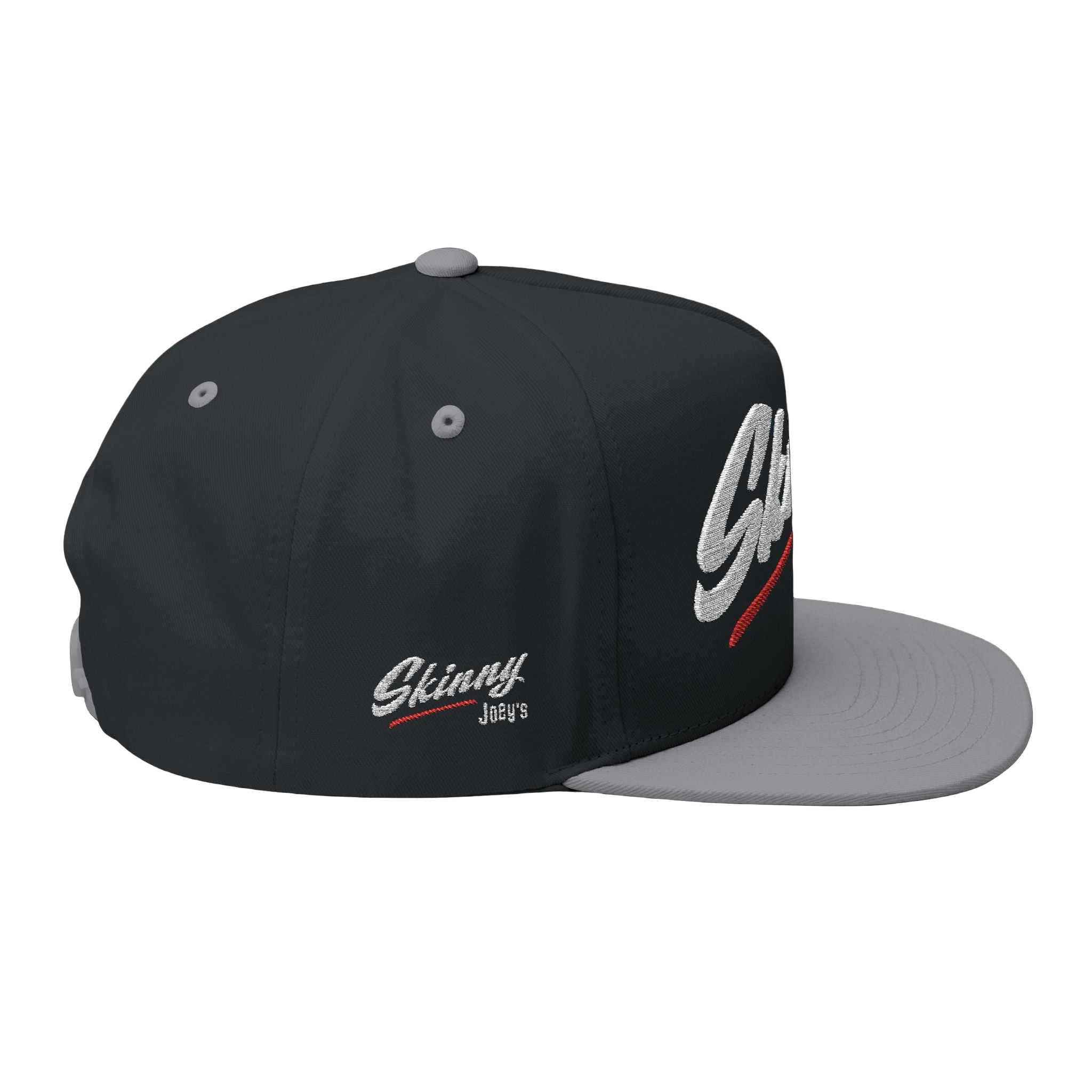 Black and gray cap with 'Skinny Jay's' logo on a white background