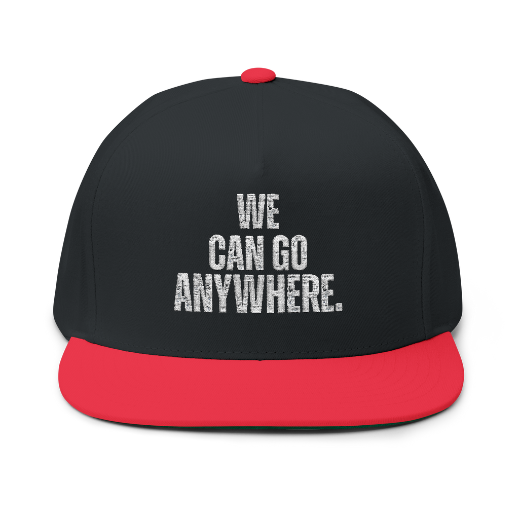 Black and red cap with 'WE CAN GO ANYWHERE.' text on a white background