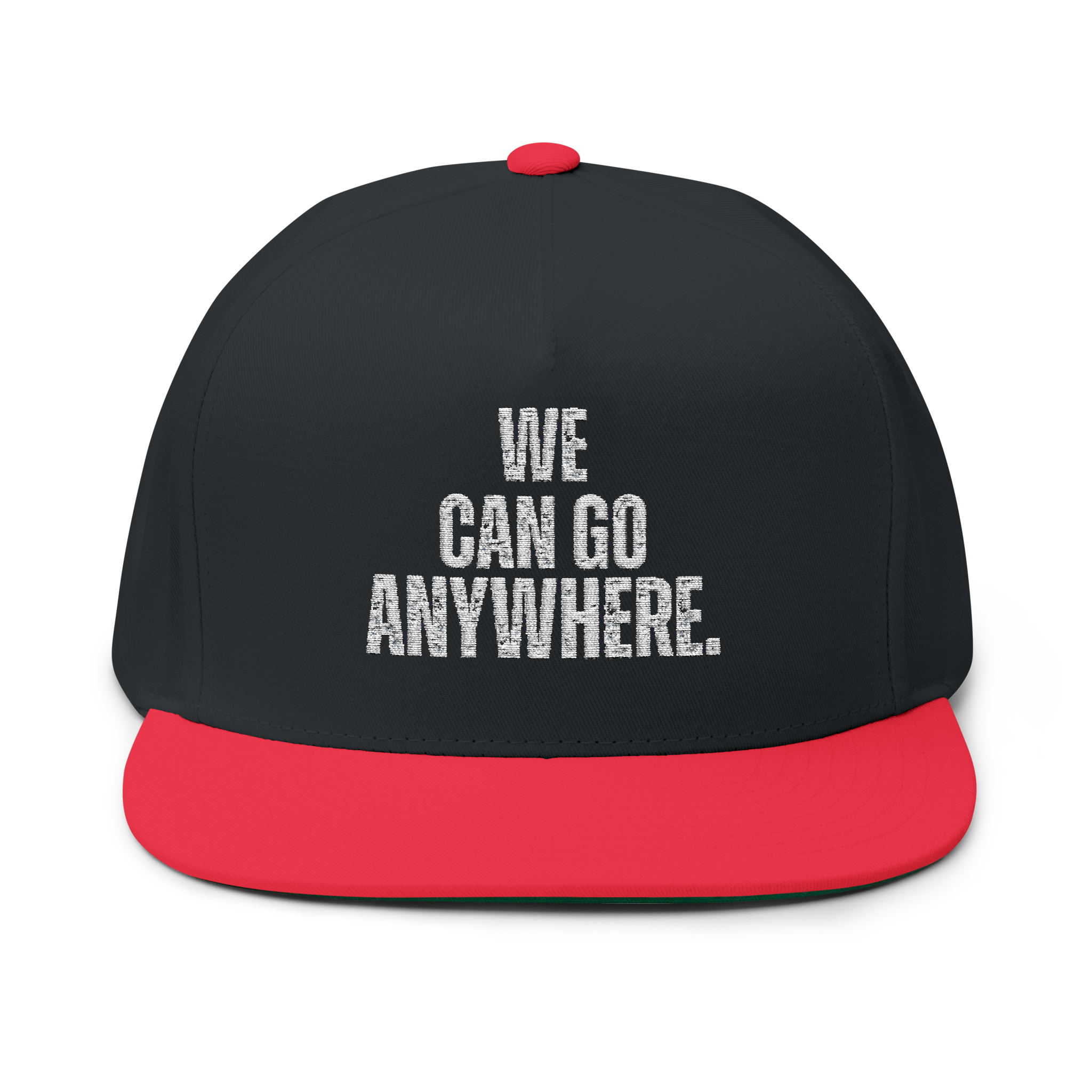 Black and red cap with 'WE CAN GO ANYWHERE.' text on a white background