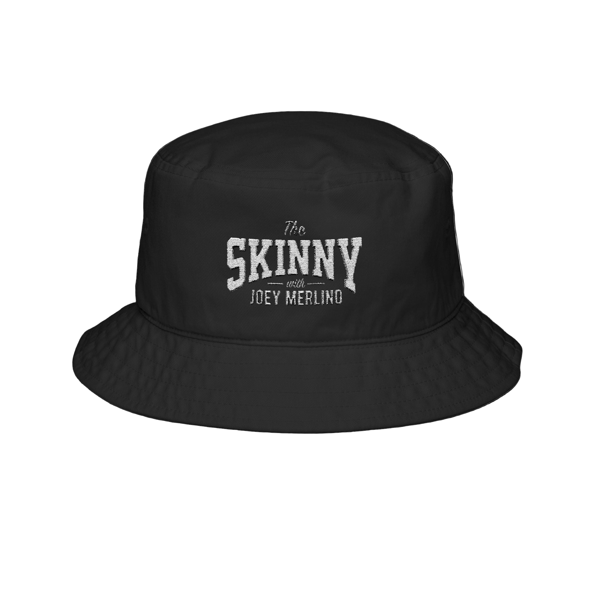Black bucket hat with 'The Skinny with Joey Merlin' text on a white background