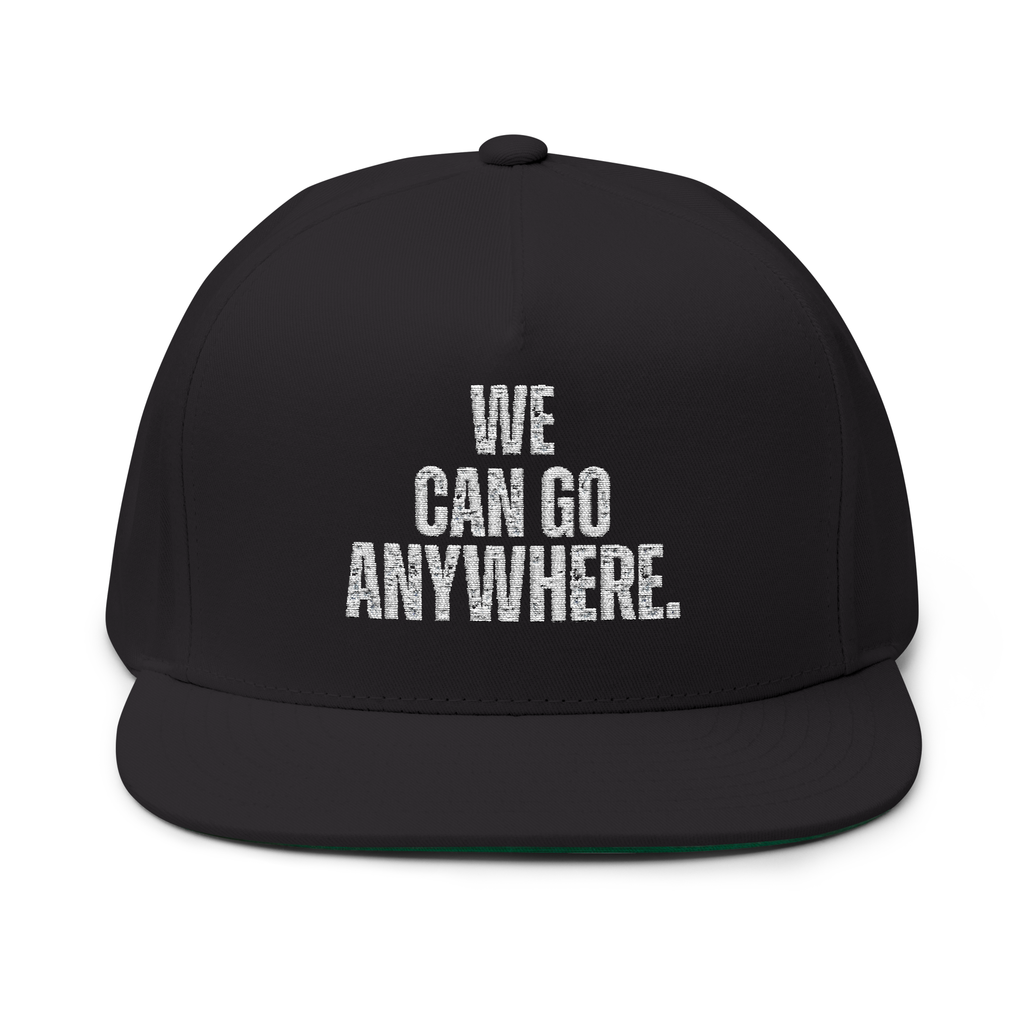Black cap with 'WE CAN GO ANYWHERE.' text on a white background