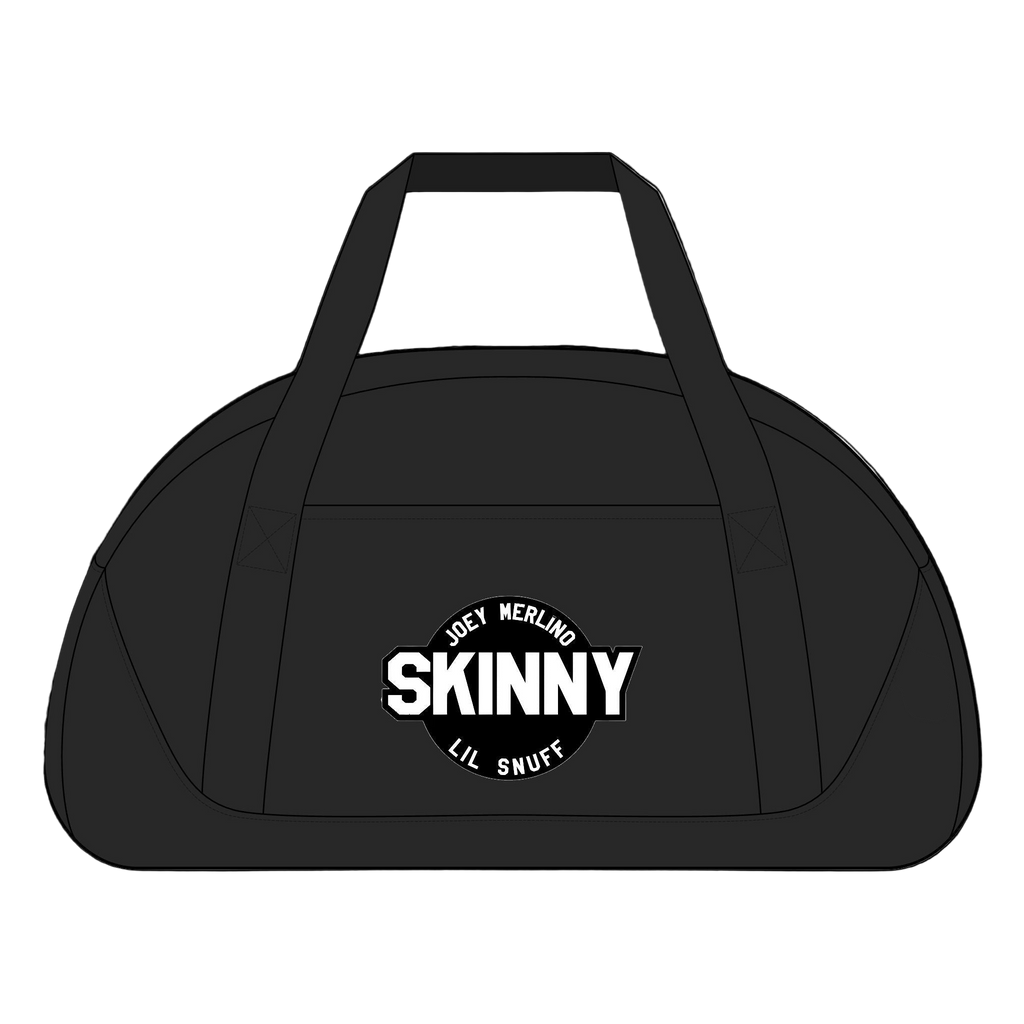 Black duffel bag with 'SKINNY' logo on a white background