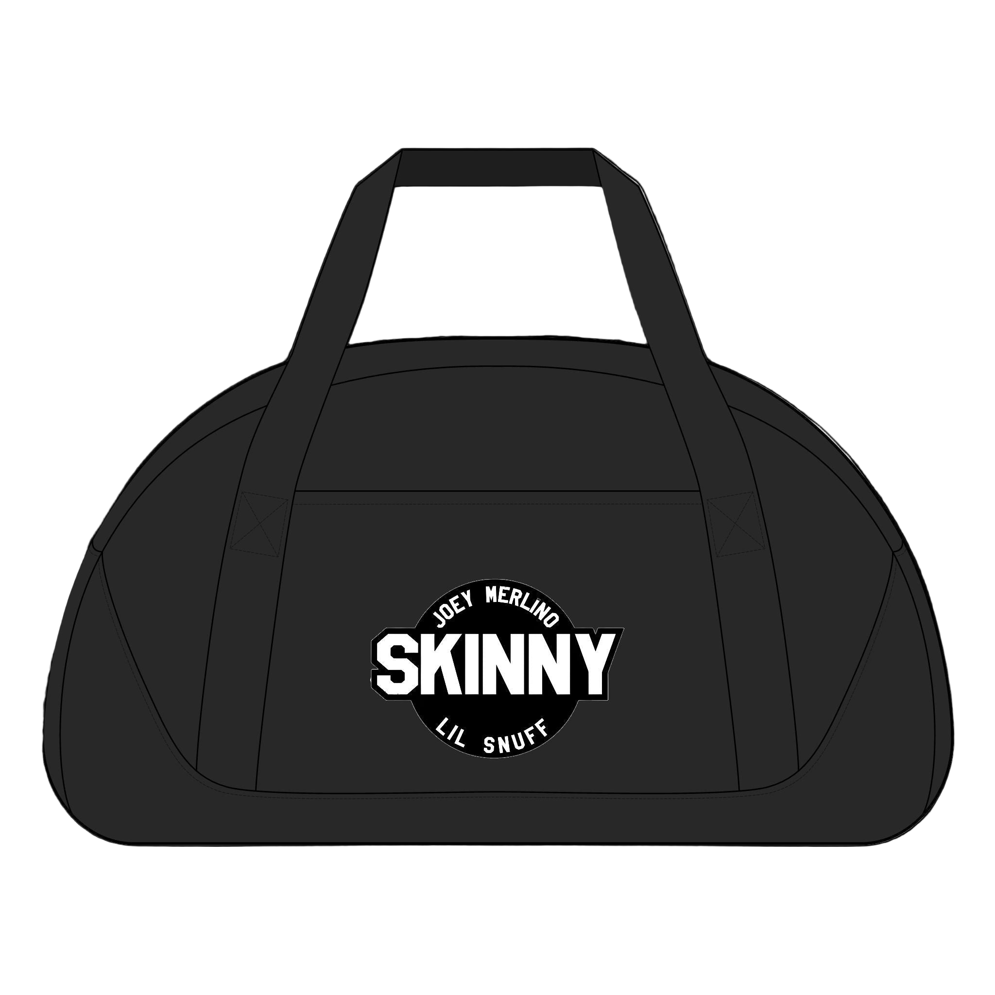 Black duffel bag with 'SKINNY' logo on a white background