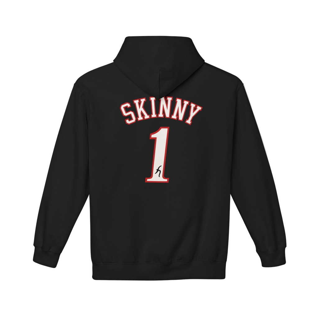 Black hoodie with 'SKINNY 1' text on the back against a white background