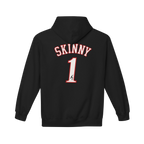 Black hoodie with 'SKINNY 1' text on the back against a white background
