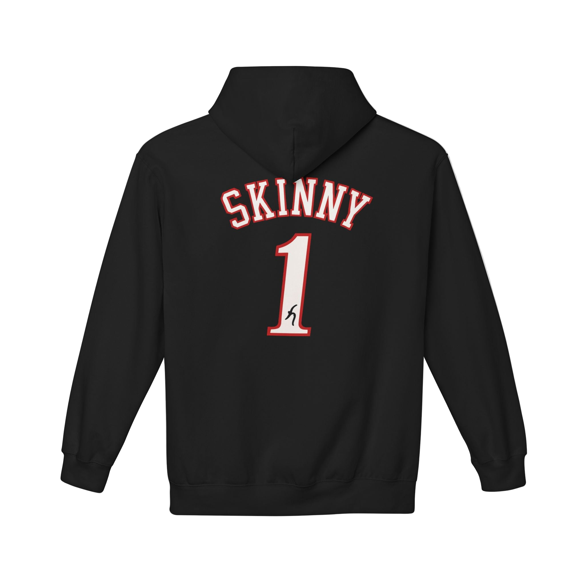 Black hoodie with 'SKINNY 1' text on the back against a white background