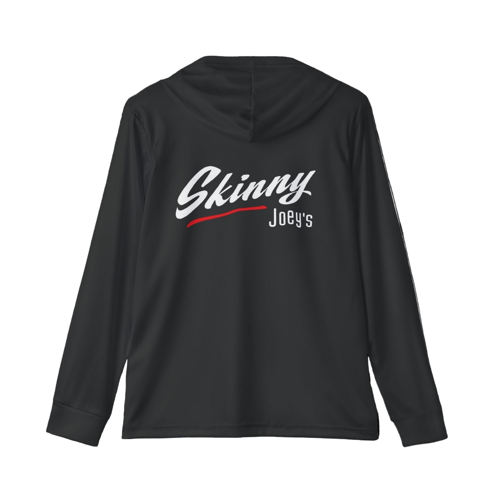 Black hoodie with 'Skinny Joey's' text on the back against a white background