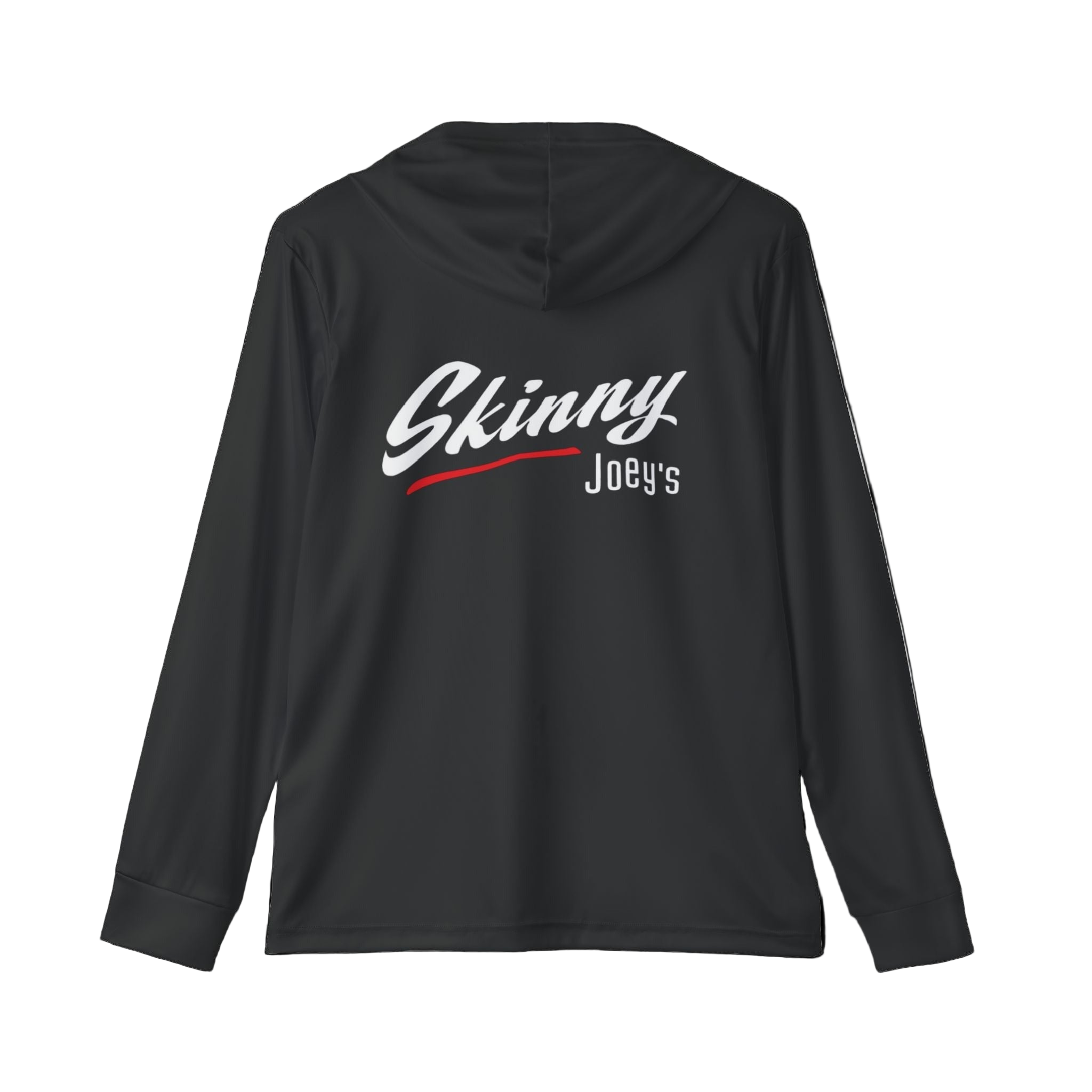 Black hoodie with 'Skinny Joey's' text on the back against a white background
