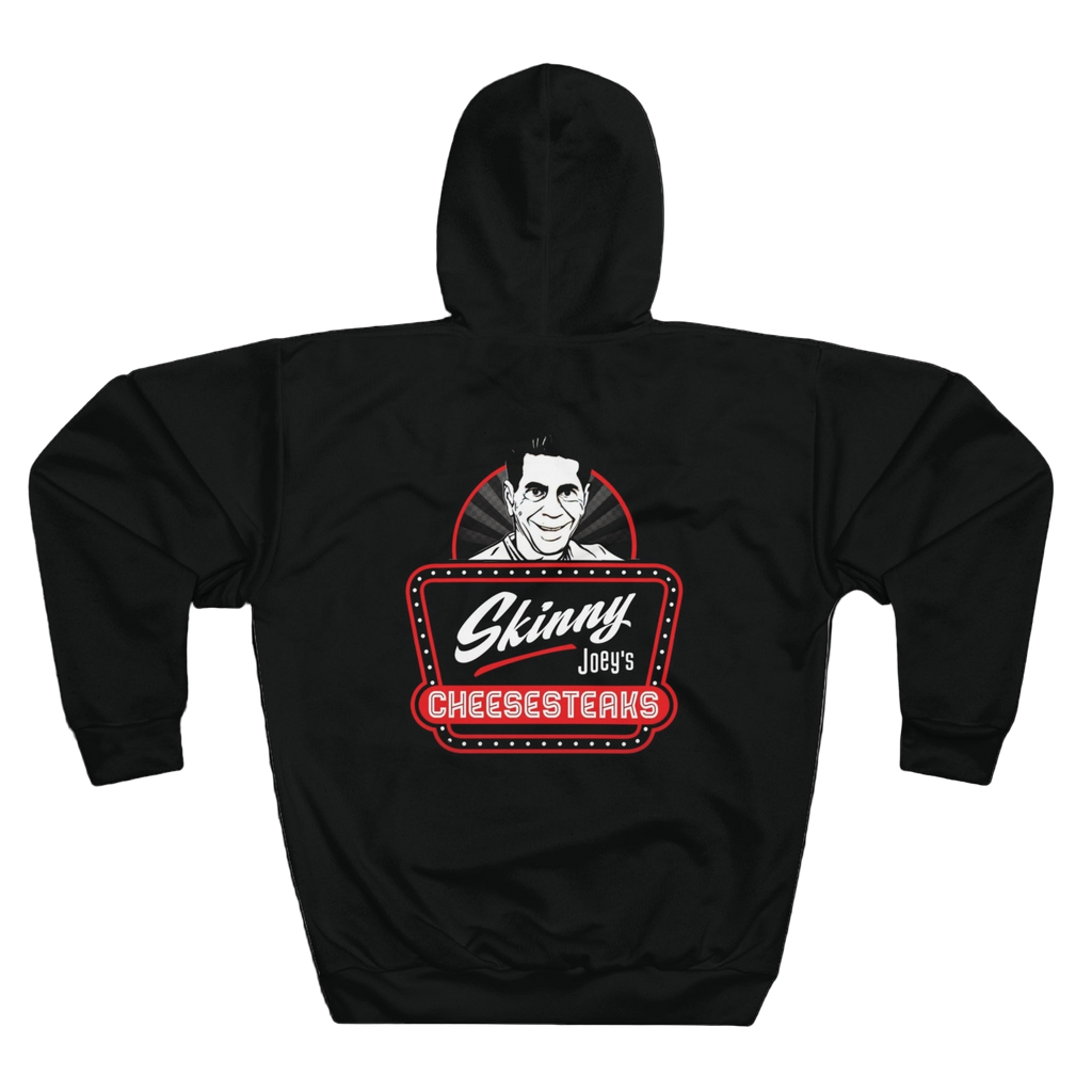 Black hoodie with 'Skinny Joey's Cheesesteaks' logo on a white background