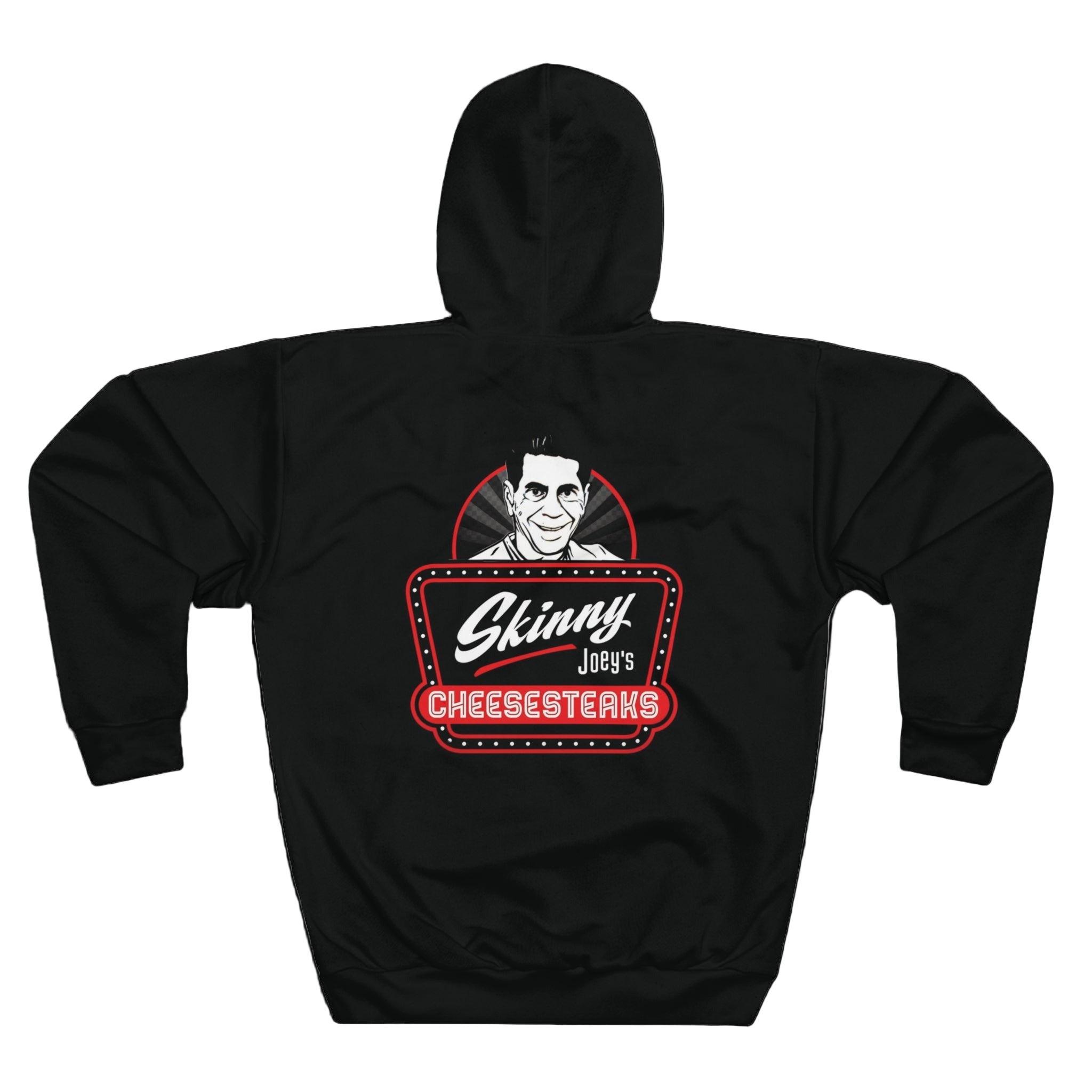 Black hoodie with 'Skinny Joey's Cheesesteaks' logo on a white background
