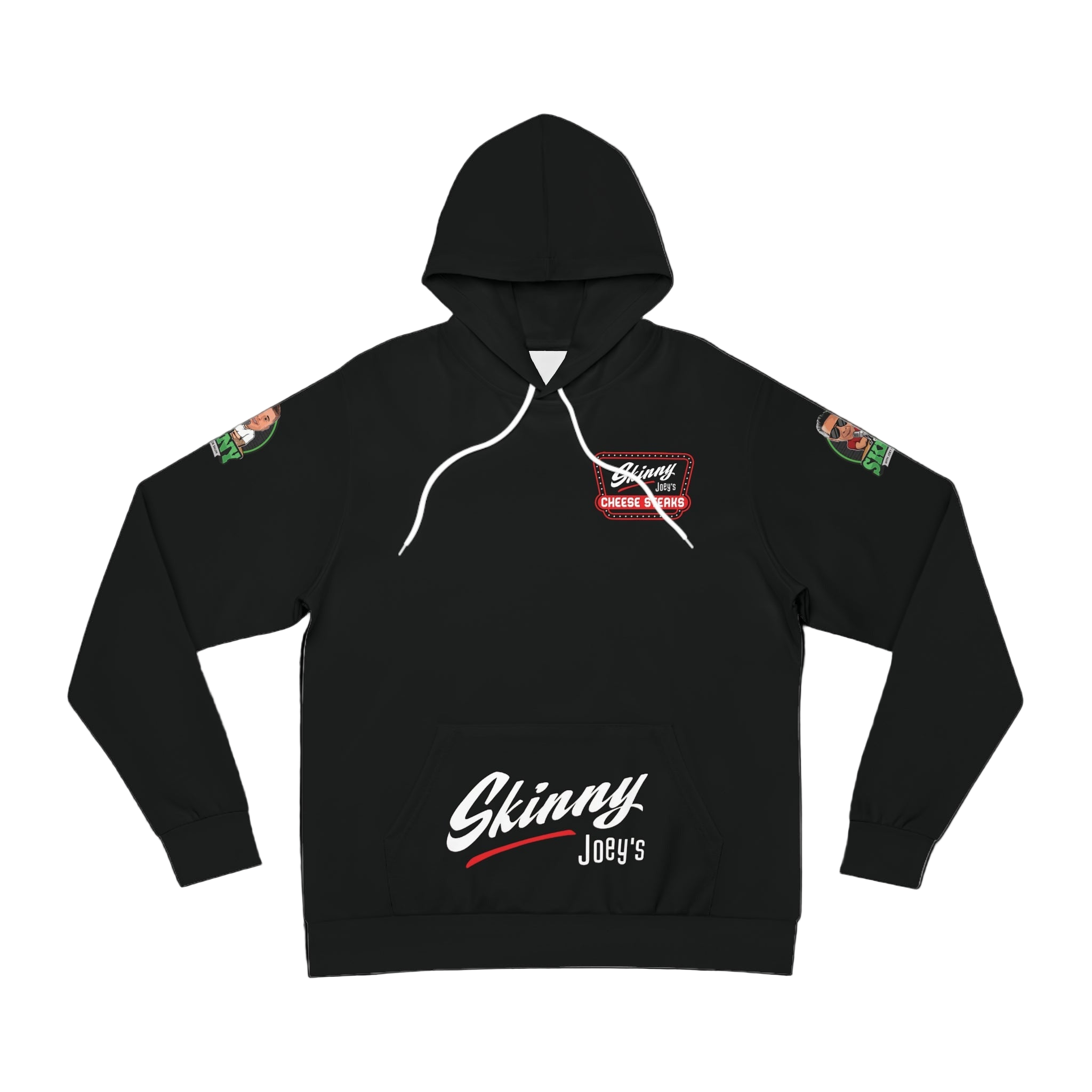 Black hoodie with 'Skinny Joey's' branding on a white background