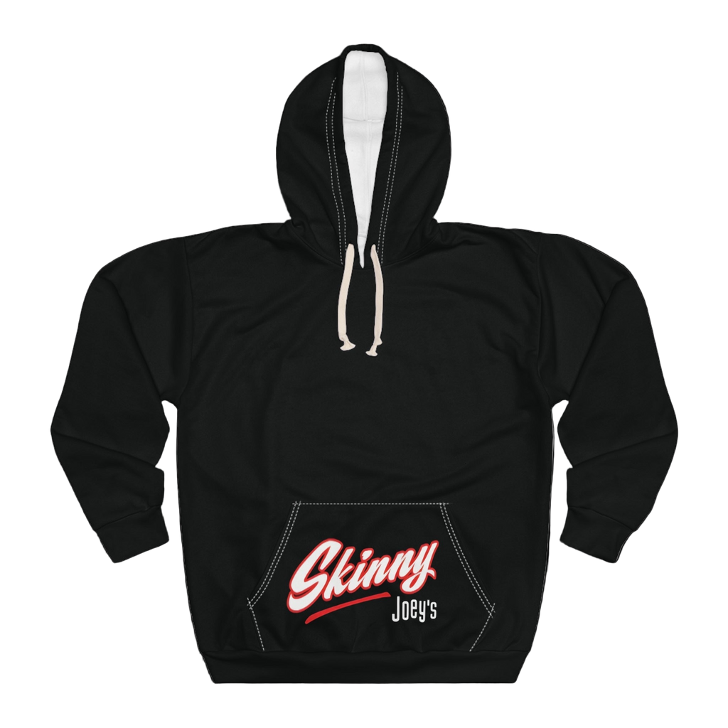 Black hoodie with 'Skinny Joey's' logo on a white background