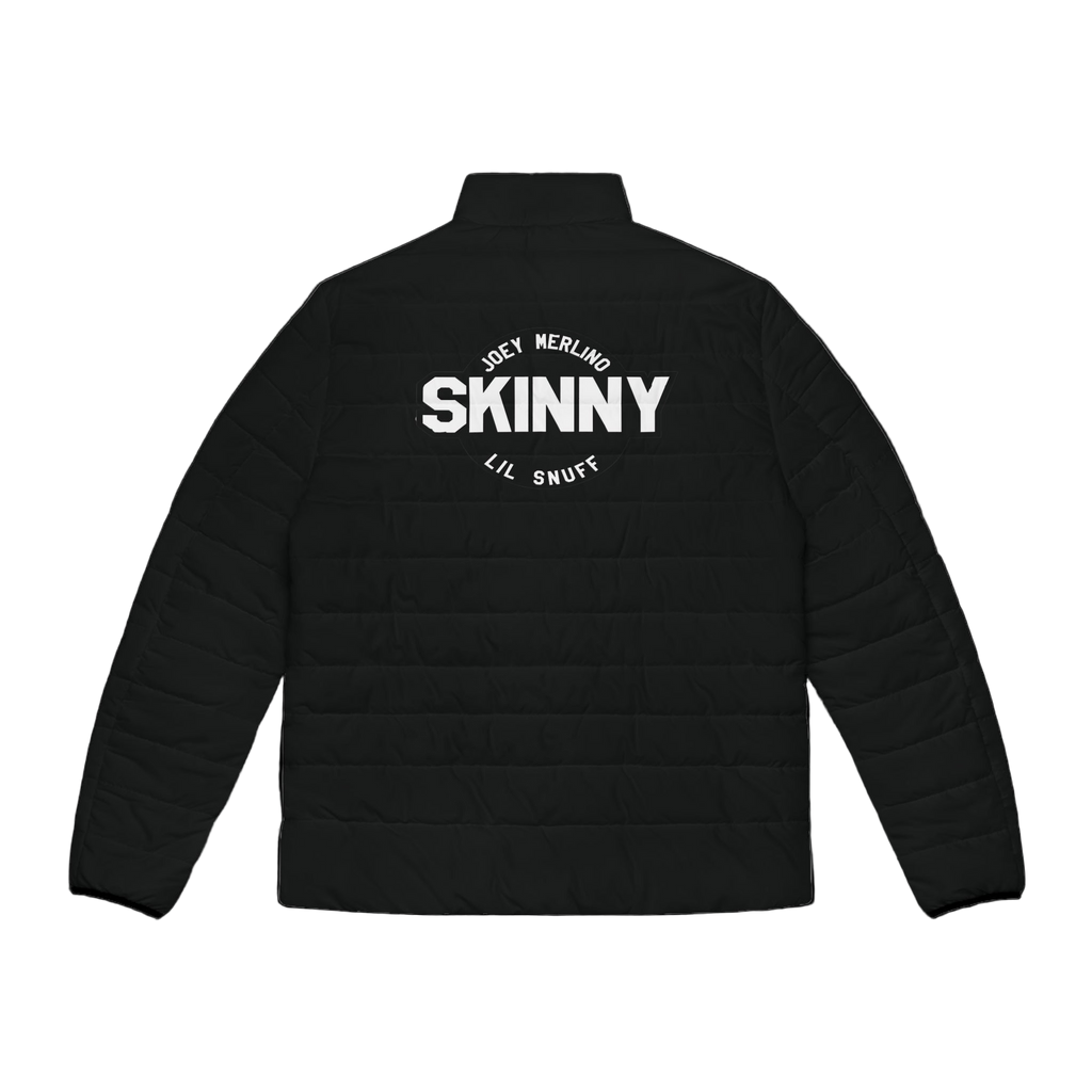 Black puffer jacket with 'SKINNY' text on the back against a white background