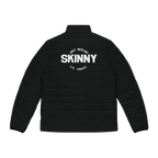 Black puffer jacket with 'SKINNY' text on the back against a white background