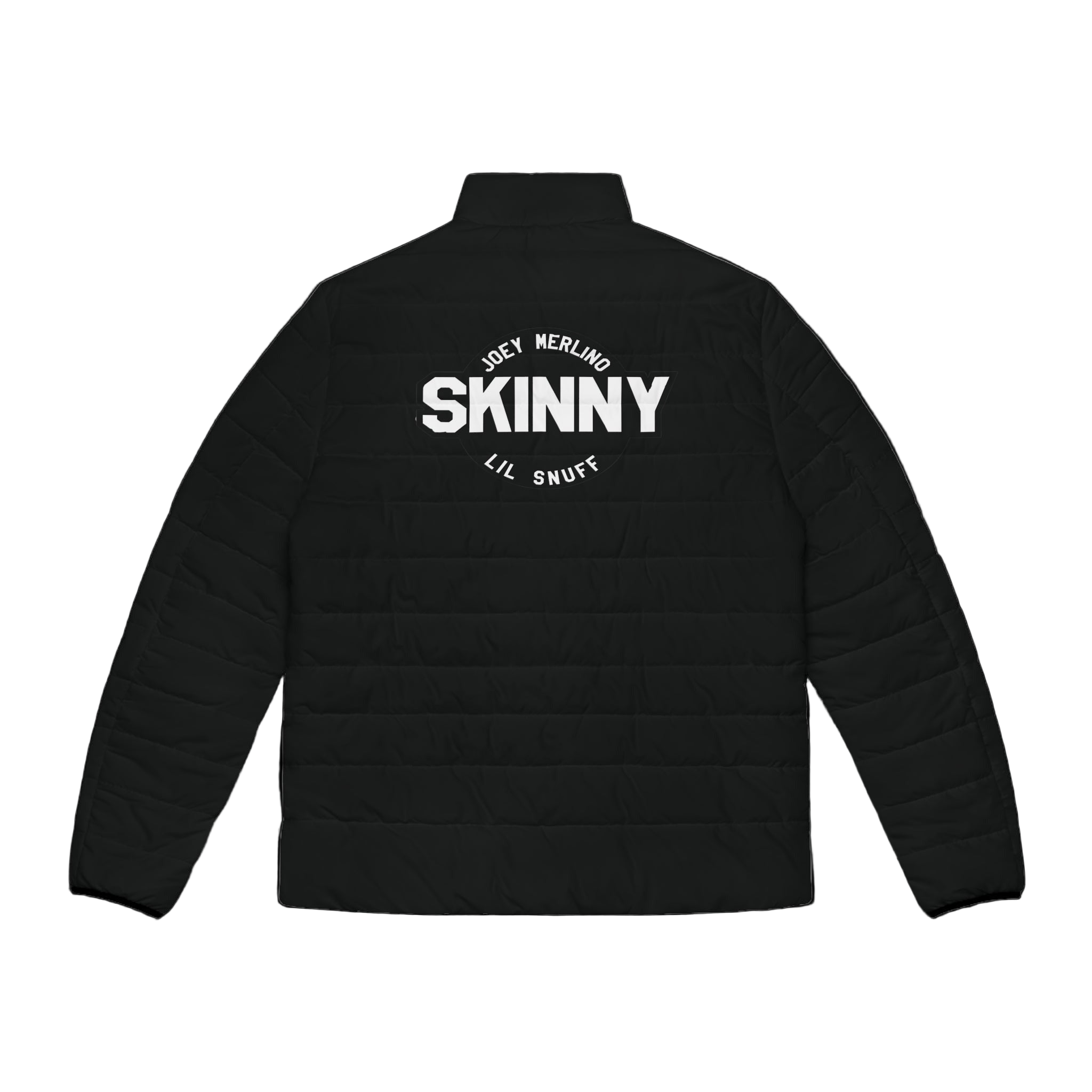 Black puffer jacket with 'SKINNY' text on the back against a white background