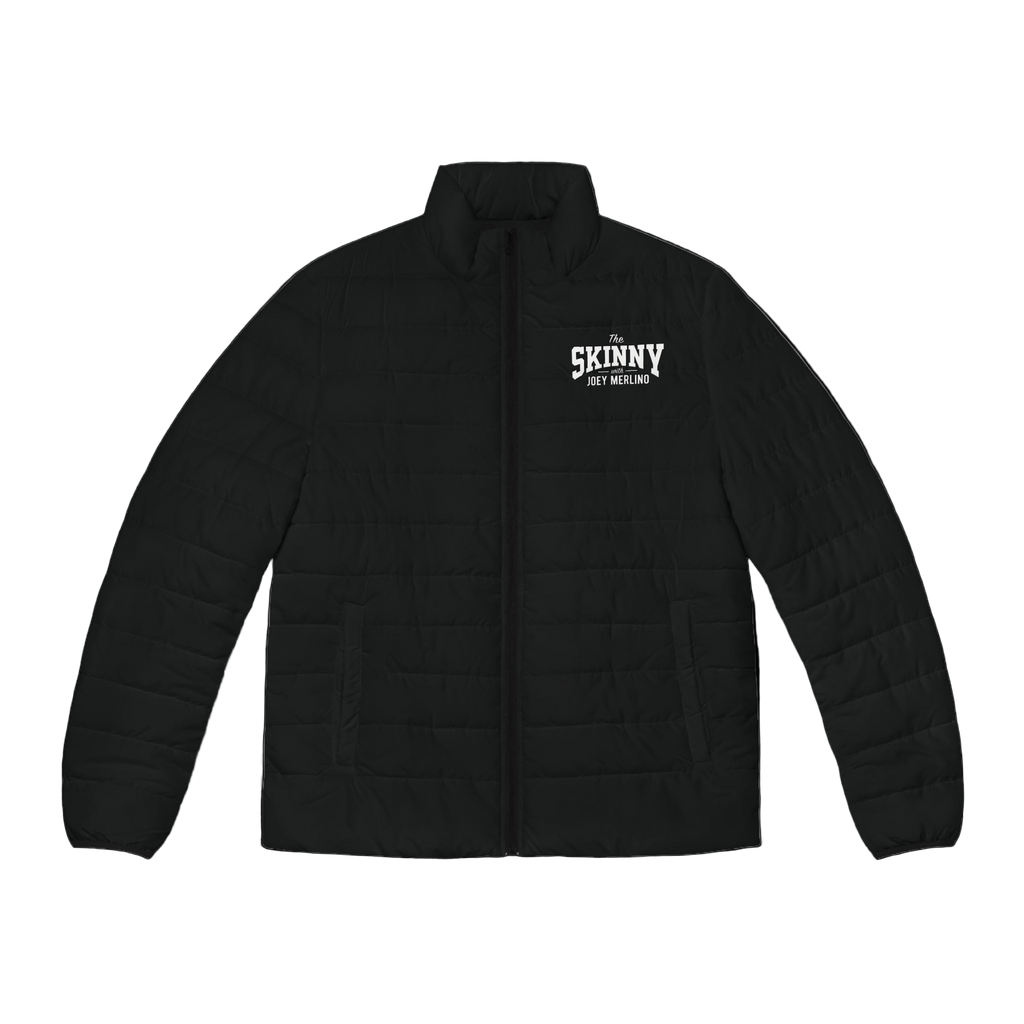 Black puffer jacket with 'The Skinny' logo on a white background