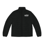 Black puffer jacket with 'The Skinny' logo on a white background