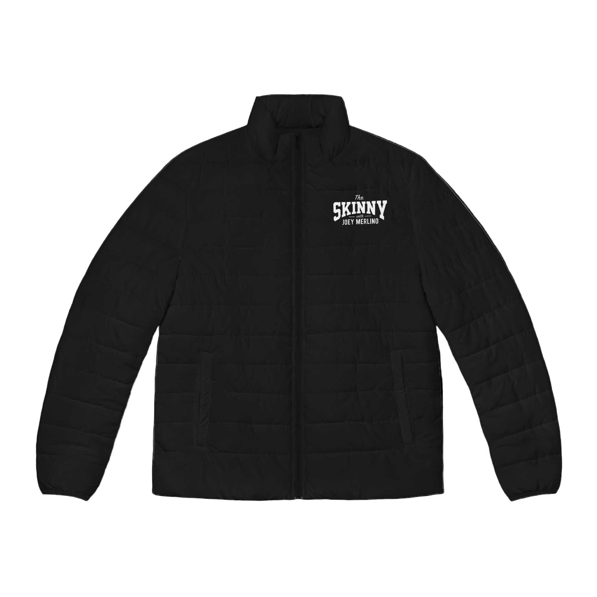 Black puffer jacket with 'The Skinny' logo on a white background