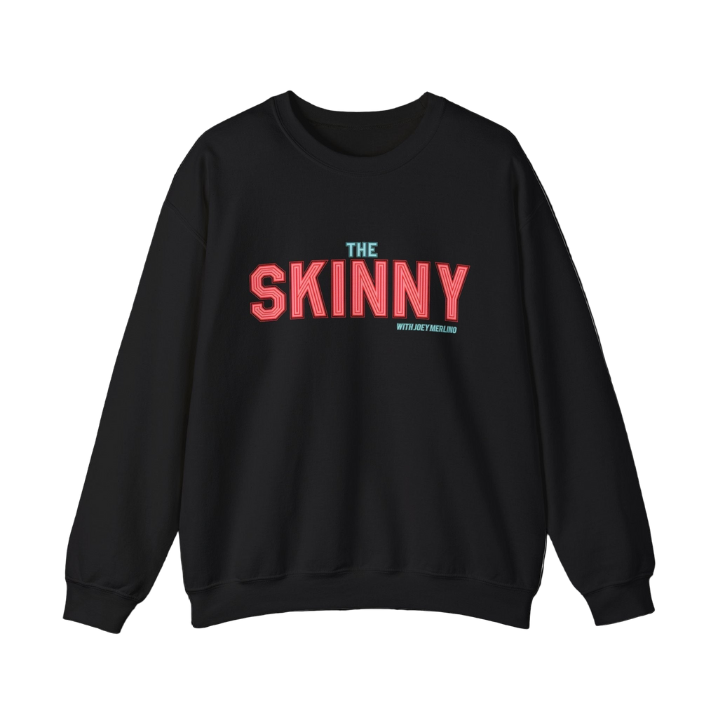 Black sweatshirt with 'The Skinny' text in red and blue on a white background