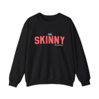 Black sweatshirt with 'The Skinny' text in red and blue on a white background