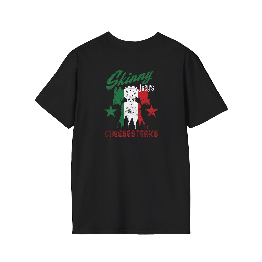 Black t-shirt with 'Skinny Joey's Cheesesteaks' graphic design on a black background
