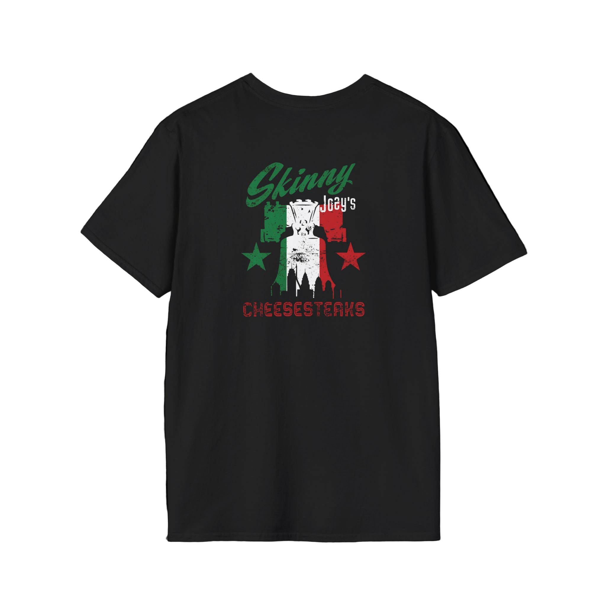Black t-shirt with 'Skinny Joey's Cheesesteaks' graphic design on a black background