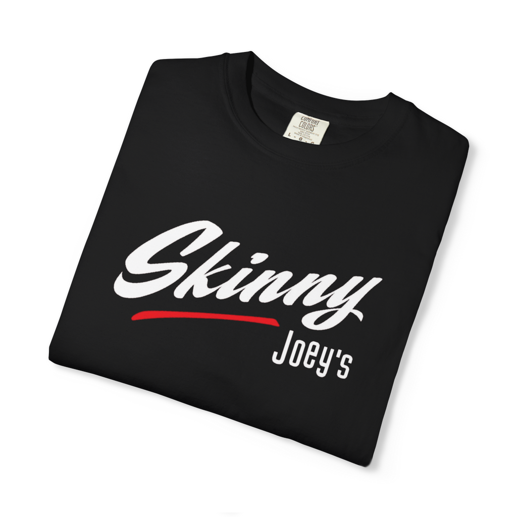 Black t-shirt with 'Skinny Joey's' text on a white background