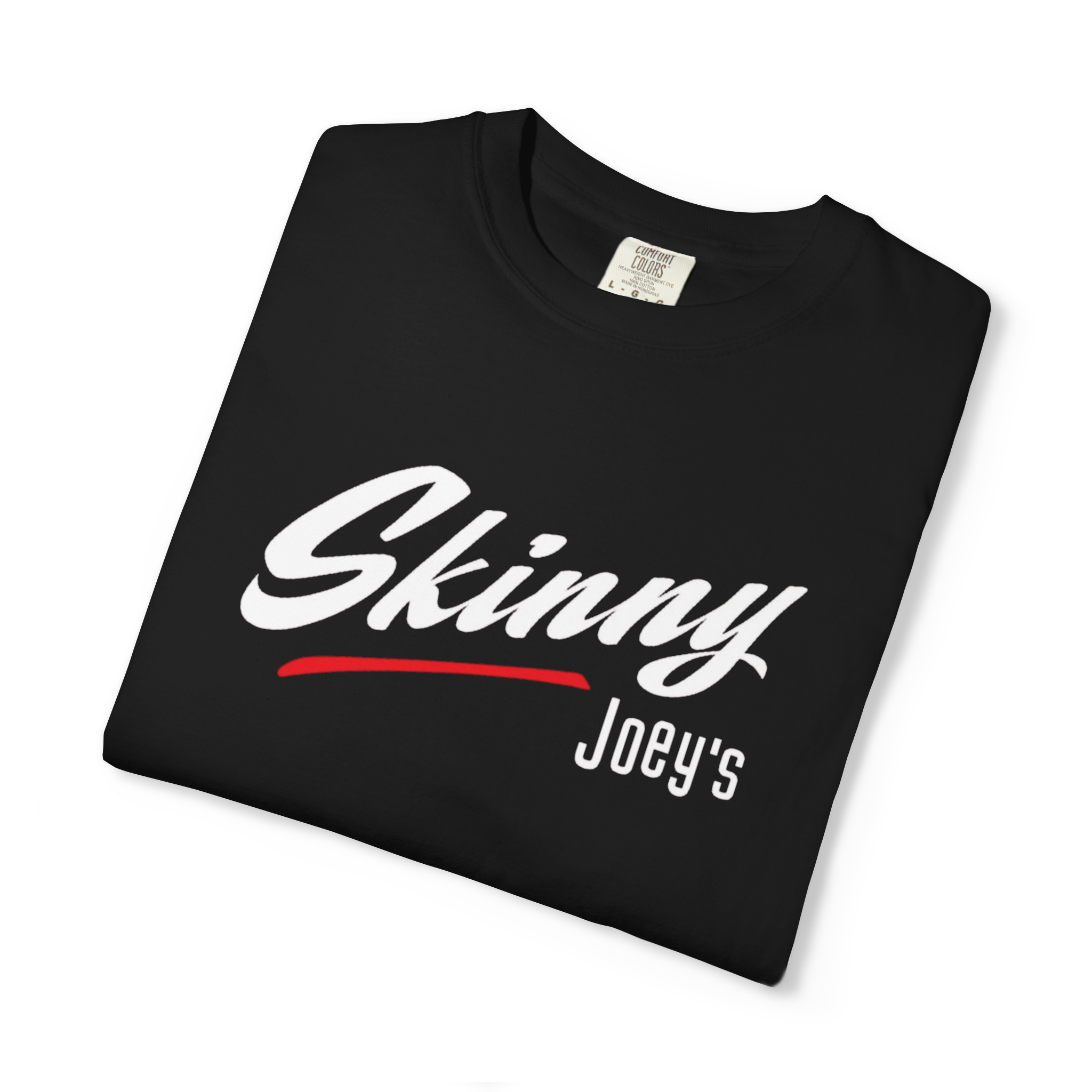 Black t-shirt with 'Skinny Joey's' text on a white background