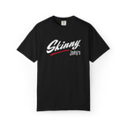 Black t-shirt with 'Skinny Joey's' text on a white background